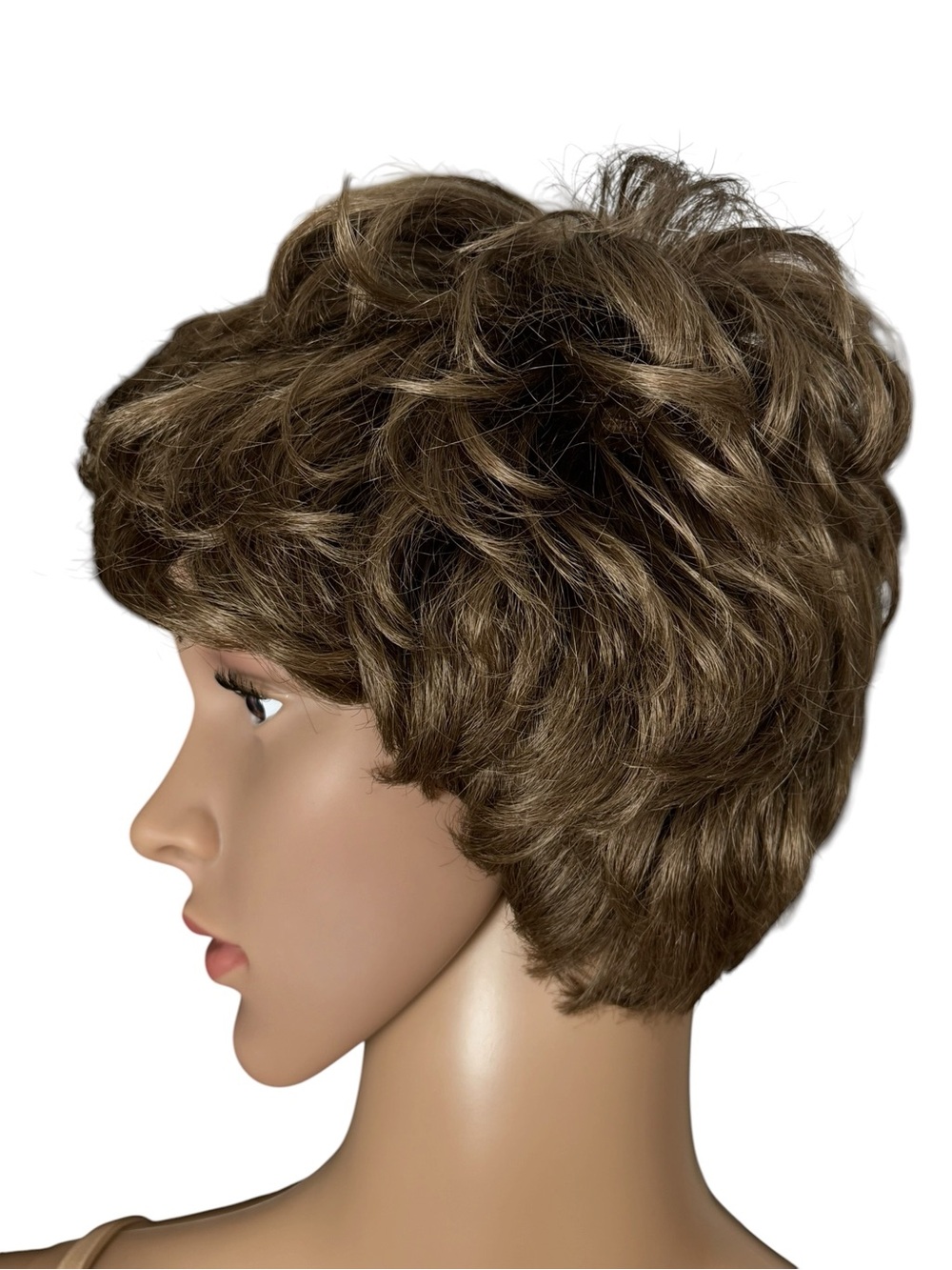 Vintage Adolfo Kanekalon Wig Body Perm Short Pixie Cut Layered Brown Shag Bangs